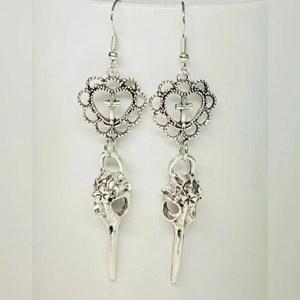 3 for $25/ Silver Heart Raven Skull Cross Christian Drop Earrings NWT